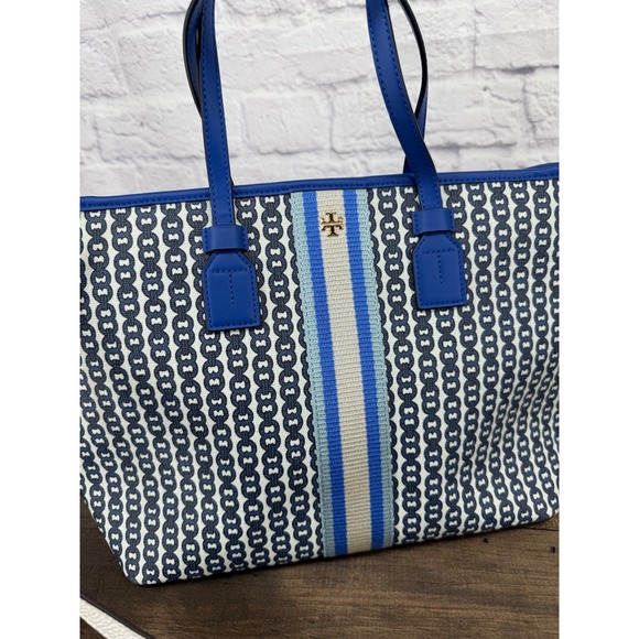 Tory Burch Gemini Link Small Tote Blue Coated Canvas Crossbody Bag Purse Carryon - Picture 3 of 16